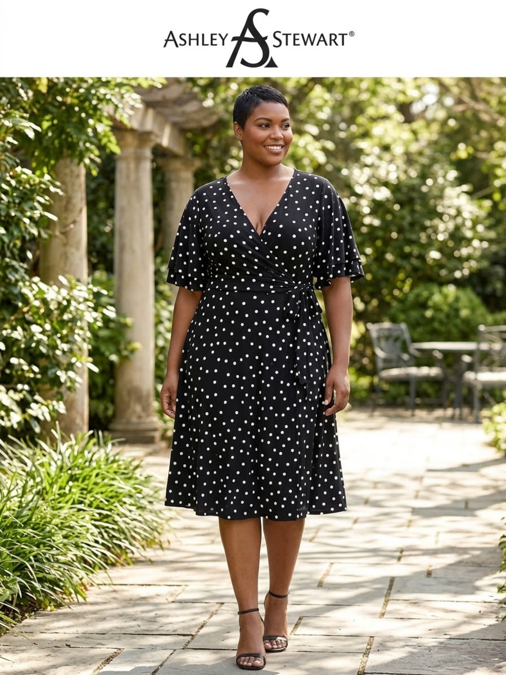 Ashley Stewart Black and White Polka Dot Wrap Midi Dress